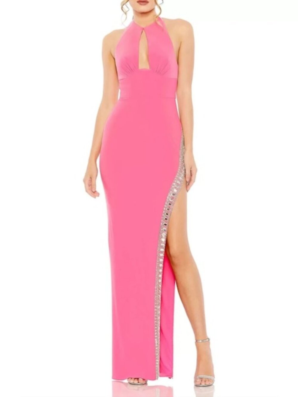 Mac Duggal Candy Pink Jersey Halter Neck Beaded Rhinestone Slit Gown